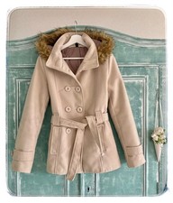 ❤️ toller Damen-WINTERMANTEL Gr. S beige mit Kapuze u. Bindegürtel hoher Kragen