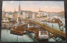 alte Lithografie Postkarte 1914 Hamburg Hochbahn über dem Hafen gelaufen