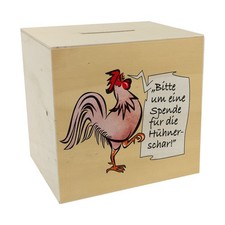 Spardose aus Holz mit Hahn