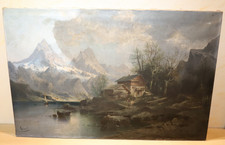 Berglandschaft Haus am See Ölgemälde Karl Kaufmann Pseudonyme Gilbert ANTIK 1890