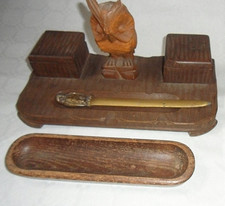 Antik Schreibtischgarnitur mit Eule Tintenfass Holz geschnitzt 4 Teile