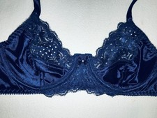 Vintage BH mit Bügel und Spitze HUBERMASCHE Gr.36(70B) blau Satin glänzend neu