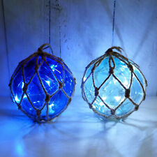 LED Glaskugeln blaue maritime Fischerkugel Leuchtkugel Sisal Taue Ø 12 cm