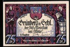 Notgeld Grünberg in Schl., 1921, 75 Pf, Vorderseite mit Weinlese und Rückseite  