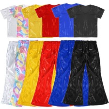 Kinder Mädchen Set Glänzend Outfits 80er Jahre Anzug Kurzarm Elastischer Bund