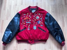 Collegejacke Gr XL Baseballjacke Vintagejacke Retro mit Lederärmel USA Pins