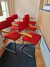 6 Thonet S 43 PVF Stahlrohrstuhl, Freischwinger, Formholz-Schale, gepolstert rot