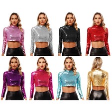 Damen Wetlook Crop Tops Langarm mit Pailletten Langarmshirt Party Rave Clubwear