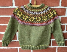 Kinder Pullover, Norweger, grün, Blumen, handgestrickt, Gr. ca 104 *Unikat*