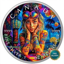 2025 1OZ Silber Canada Tattoo Girl Hippie Colorized Color Certif. NUR 200 Stück