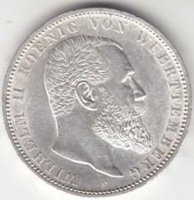 5 Mark Württemberg 1892 F stgl/f.stgl. selten