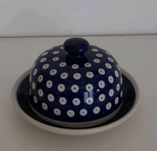 Bunzlau Keramik Dekor 42, Blauauge, kleine Butterdose, kleine Käseglocke 