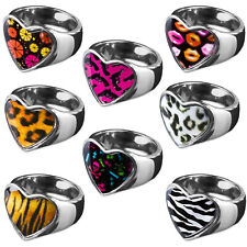 Edelstahl Damen Ring Herz Buntes Motiv Animal Print Muster Fingerring RS45
