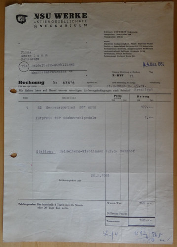 Original nsu rechnung 1952 - nsu,