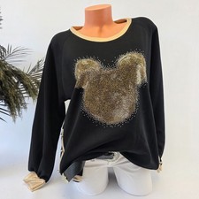 Damen Pullover Sweatshirt One Size 38-44 Mauskopf Strass Gold Farbe Schwarz