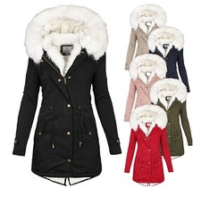 ​​Damen Winterjacke Lang mit Kunstfell-Kapuze, Steppjacke Parka Warm für Winter​