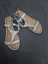 Damen Schuhe Sandalen Riemchen Pumps 38 Silber Braun Steinchen Straß Neu