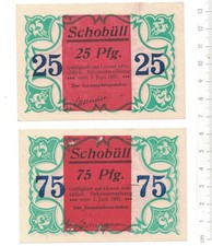 Deutsches Notgeld SCHOBÜLL 25 und 75 Pfennig vom 01.06.1921, komplette Serie RAR