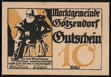 Notgeld Götzendorf 1920, 10 Heller, Mann mit Vollbart in Ritterrüstung 