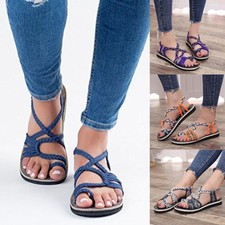 Damen Zehentrenner Sandalen Riemchensandalen Sommerschuhe Boho Sandaletten DE
