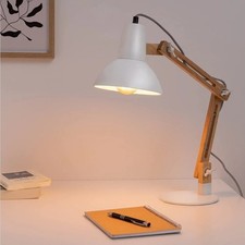 Navaris Design Holz Schreibtischlampe - E27  - mit Standfuß - Retro - Weiß 