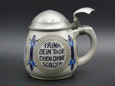 Bierkrug Keramik Jugendstil "FROH ERWACHE JEDEN MORGEN" Modell-Nr. 106 um 1900