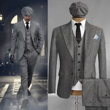 Grauer Herrenanzug Aus Wollmischung Fischgrätenmuster Business Formal Retrostil