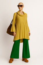 Vintage Tunika Kleid Buttergelb Trompetenärmel Viskos Strick Boho Vokuhila 42 44