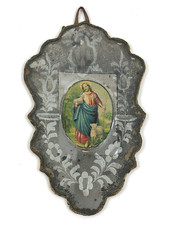 antiker Nonnenspiegel mit Druck Guter Hirte matter Girlanden Schliff Ende 19. Jh