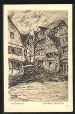 Künstler-AK Montabaur, Straßenpartie vorderer Rebstock 