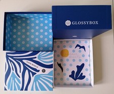 Bastelbox 15 x Glossybox fresh breeze blau weiß Karton mit Deckel und Schrift 