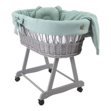 Stubenwagen Moseskorb AMELIA Grau aus Weide mit Musselin Bettwäsche Khaki Gold