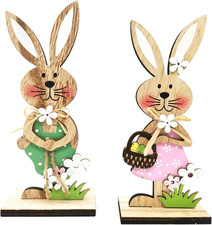 2 Stück Osterhasen Holz Figuren groß Aufsteller Ostern Hase mit Blumen Deko, 19c