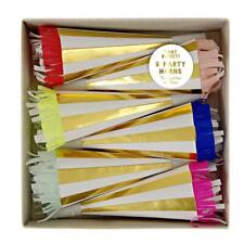 TOOT SWEET! Gold & weiß gestreifte Party Hörner mit Krepp Rüschen (6er Pack)