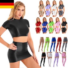 DE Damen Glatt Rundhals Kurzarm Crop Tops Mini Rock für Sports Clubwear Party