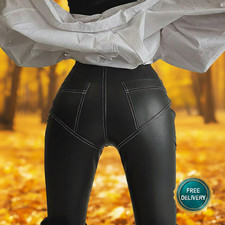 Damen Sexy Skinny Leder Leather Leggins Leggings Hose Kunstleder Schwarz Stretch