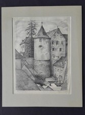 Meersburg Alte Burg Bärenbrunnen sign. Kohle-Zeichnung 1946