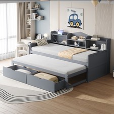 Tagesbett 90x200cm Holz Schlafsofa mit Ausziehbares Bett und 2 Schubladen Grau