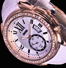 SKM XL Damen Armband Uhr Weiß Anthrazit Silber Rose - Gold Farben Datum Strass