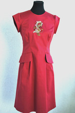 Sommer Kleid Handarb. Etuikleid 38 40 neu rot gold Baumwollstretch A-Linie Pfau