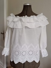 Zara Carmen Ausschnitt Bluse Weiß Rüschen Lochstickerei