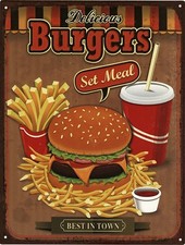 Shabby Blechschild Fast Food Burger Pommes Wanddeko Imbiss Lokal Wandschild