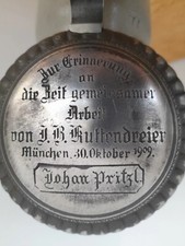 Alter Masskrug mit Zinndeckel 1909 an Johan Pritzl von J.B. Kuttendreier München