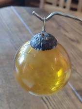 3×Vintage Glas Kugel Gelb Weihnachten Messingkappe Patina Crackle Design 7cm