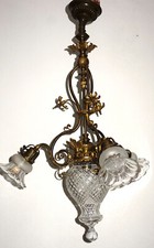 Antik Jugendstil Französische Messing Glas Kronleuchter, Lüster 4 Flammig