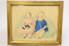 Zwei Geschwister mit Häschen Aquarell signiert K. FORSTER 1852 (HB936)