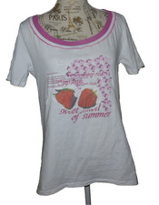 T- Shirt weiß pink Strickkragen kurzarm Motiv Erdbeere Stretch rundhals Gr L