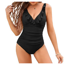 Damen Badeanzug Größe XXL Aillosa Modern Rüschen schwarz V Ausschnitt Bauchweg