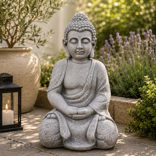 Buddha figur sitzend steingrau - buddha,