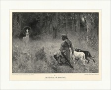 W. Räuber, St, Hubertus Hirschbock Heiligenschein Jäger Hunde Holzstich A 1219